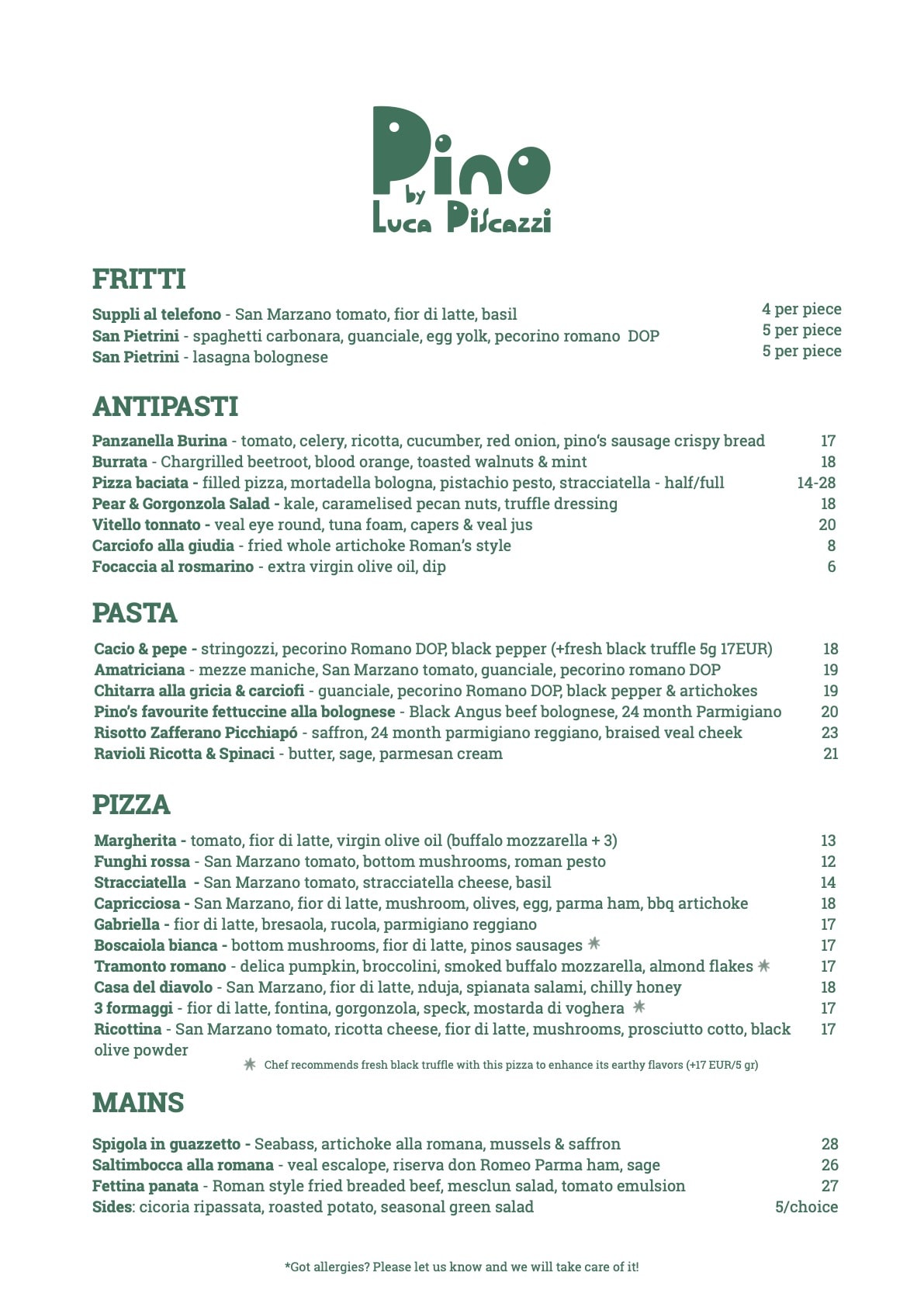Pino food en menu page 1