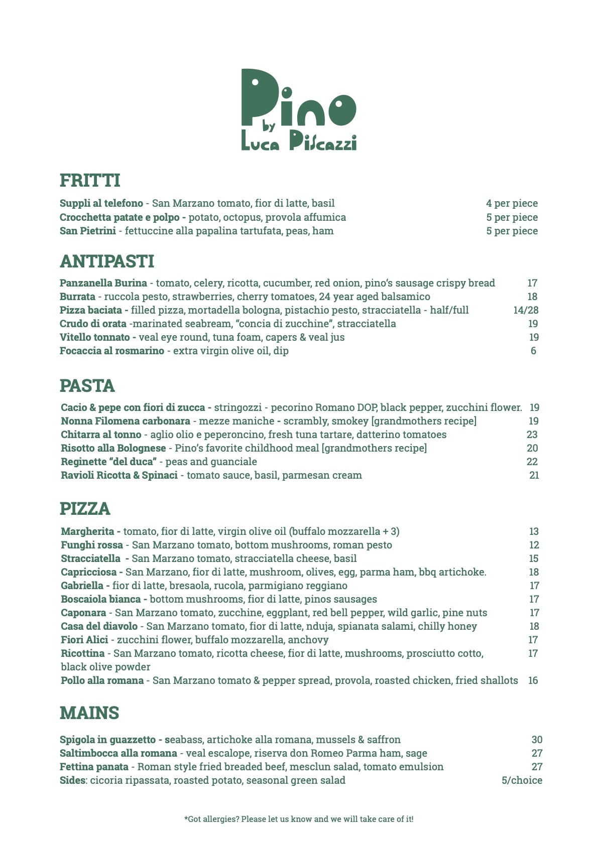 Pino food en menu page 1