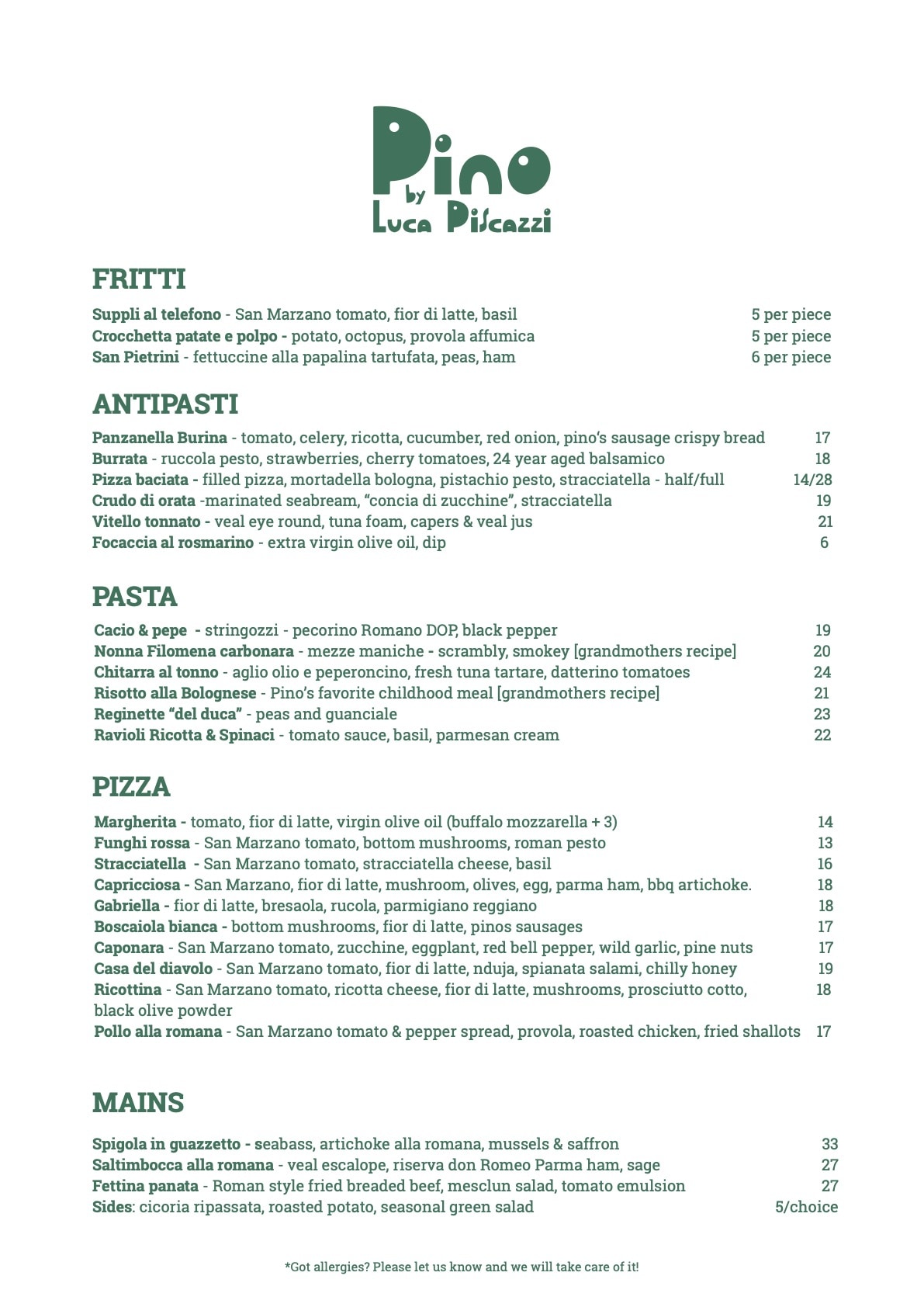 Pino food en menu page 1