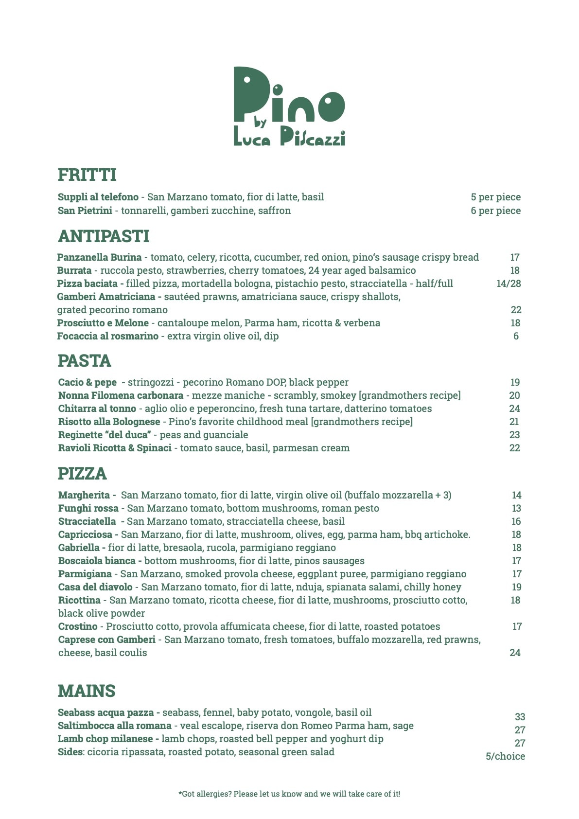 Pino food en menu page 1