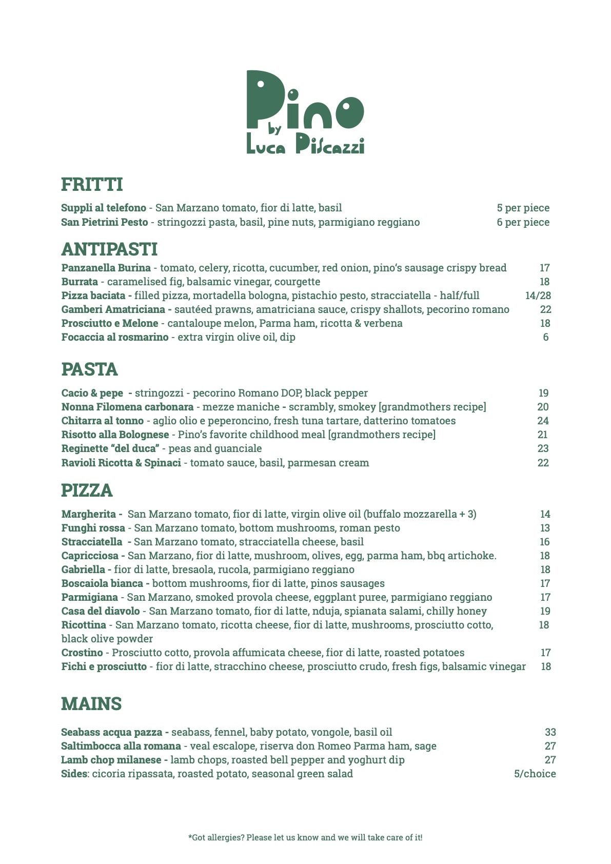 Pino food en menu page 1